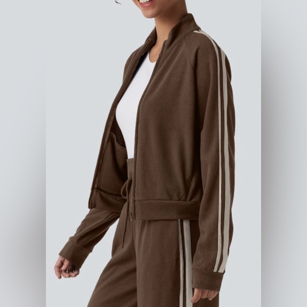 Halara Cropped Zip Up Track Jacket Women XL Brown